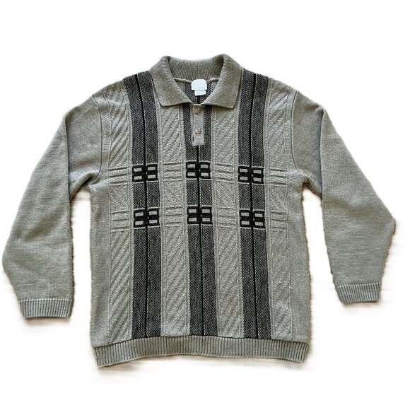 Outline Pullover Polo Sweater Textured Knit Grey/Beige Vintage 90s - Picture 1 of 7